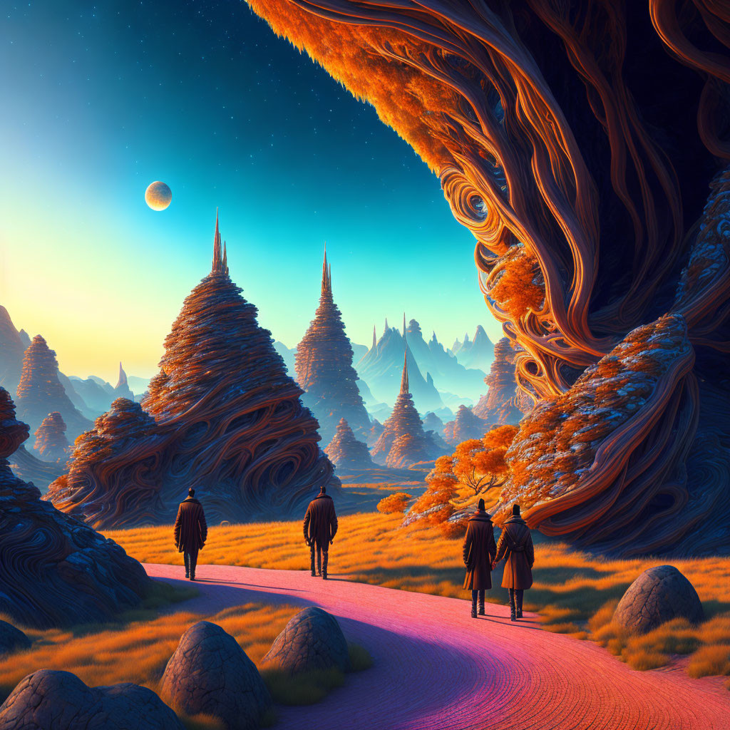 Surreal landscape with three figures walking and swirling orange skies