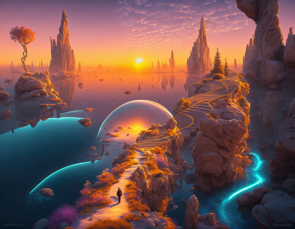 Person standing on vibrant alien landscape with glowing waterways, orbs, and rock formations at sunset