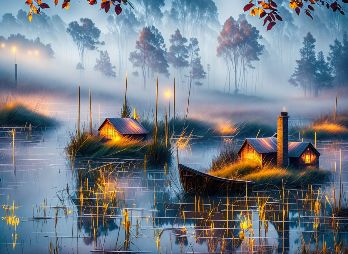 Tranquil lakeside scene with cabins, boat, foggy waters, trees, and twilight sky