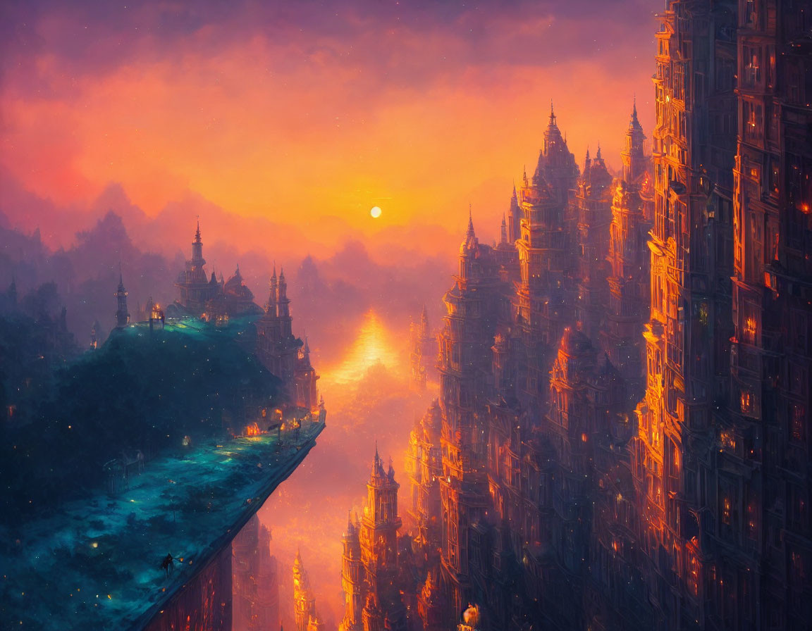 Fantastical sunset cityscape with towering spires and glowing river