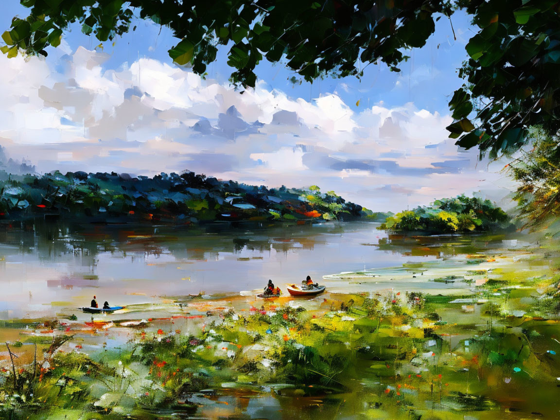 Serene river scene with small boats, lush greenery, reflections, and bright sky