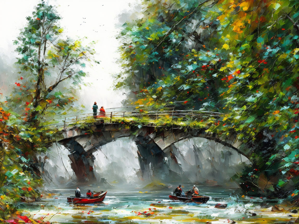 Autumnal river scene with boats, stone bridge, and colorful foliage