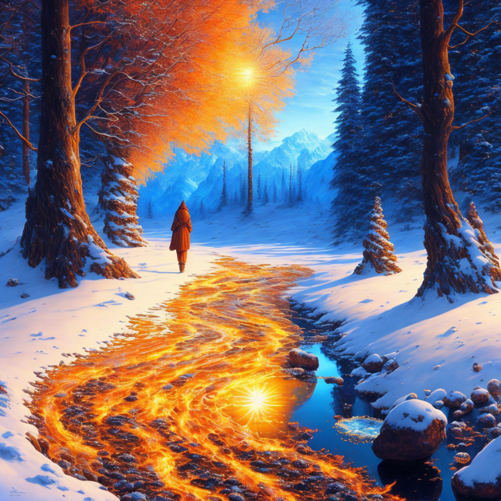 Person in yellow cloak walking along snow-lined path by golden-lit stream