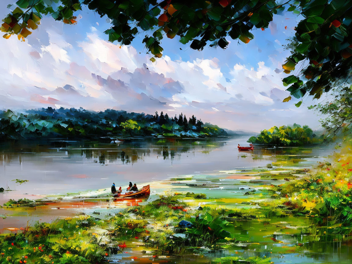 Serene river landscape with lush greenery and small boat under cloudy sky