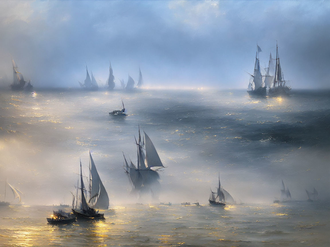 Misty maritime scene with sailing ships under subdued light