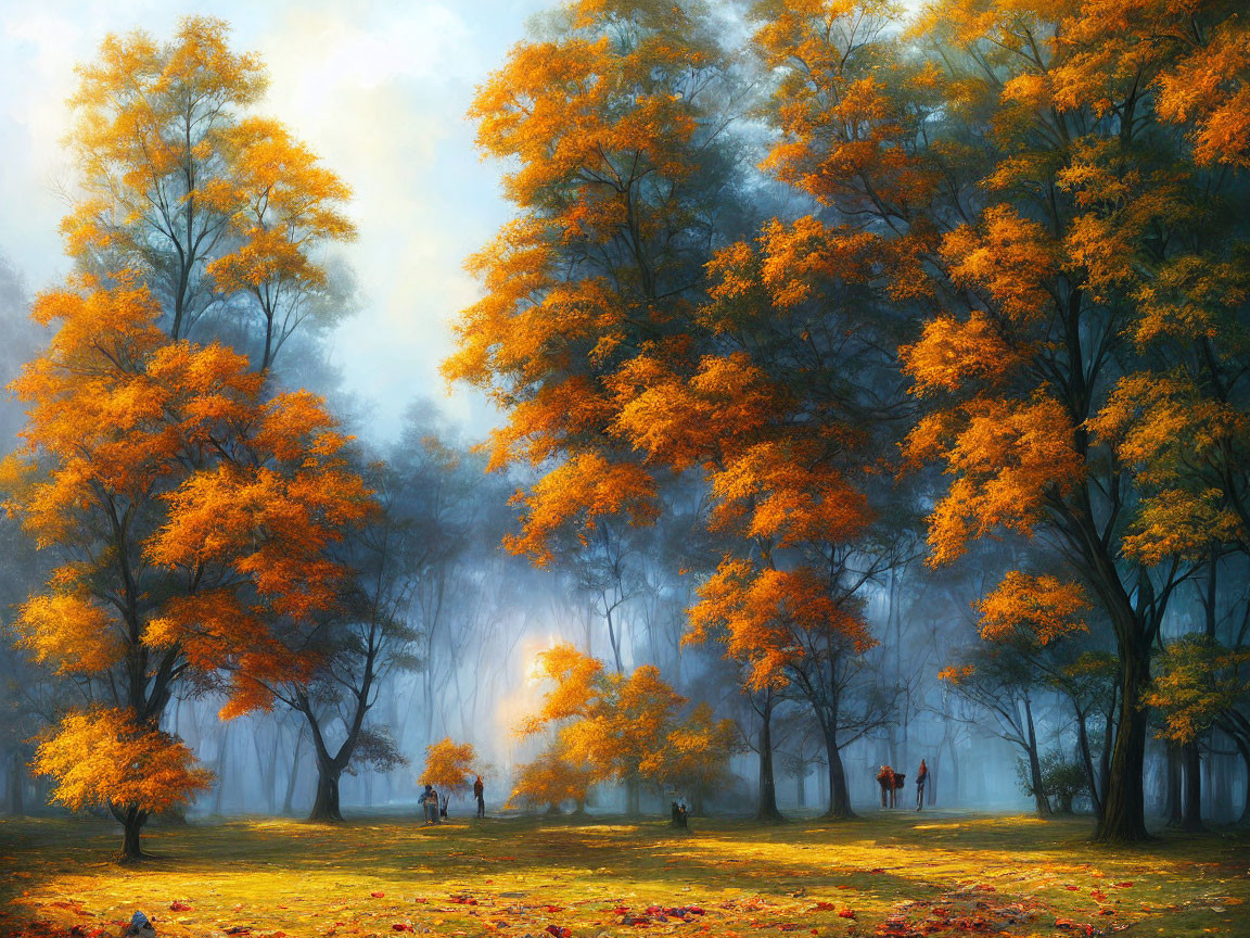 Tranquil Autumn Park with Golden Foliage and Misty Atmosphere