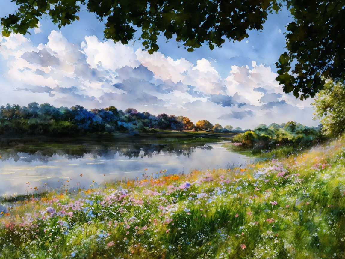 Tranquil river landscape with meadows, trees, and cloudy sky