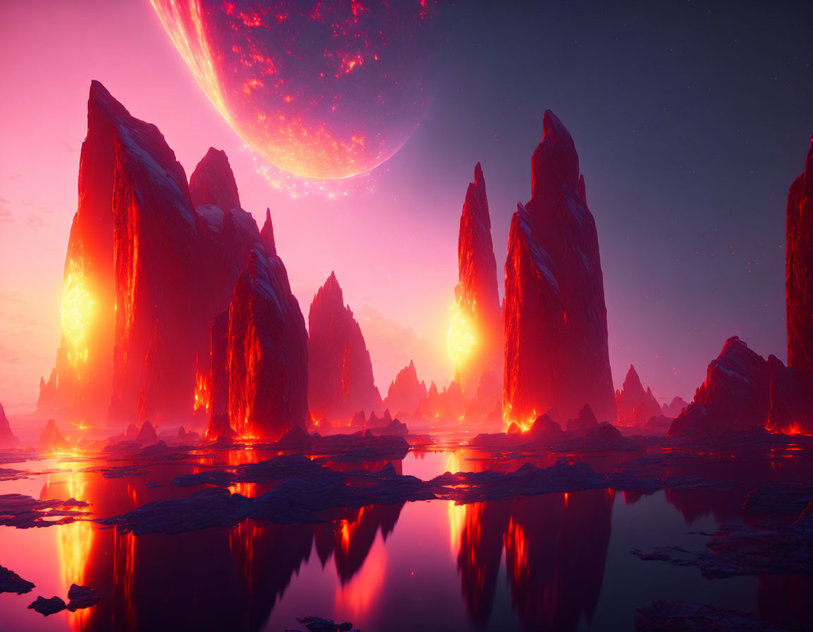 Surreal digital art: Glowing rock formations, reflective water, massive planet