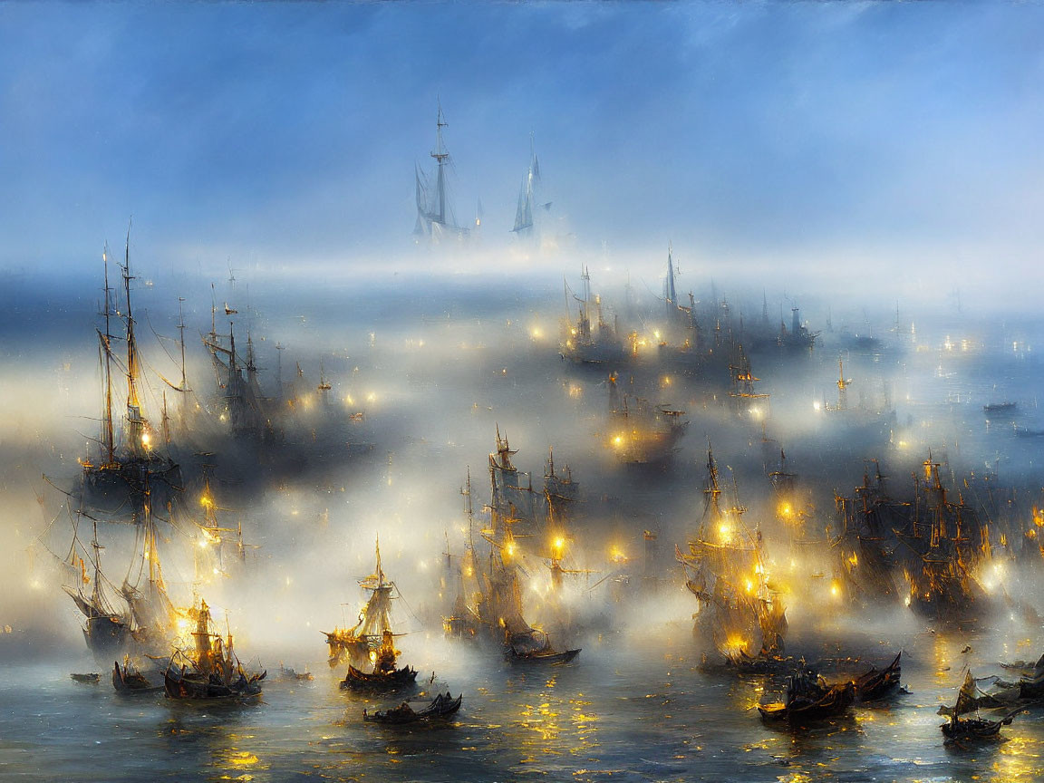 Illuminated sailing ships in mist with ghostly vessel in blue sky