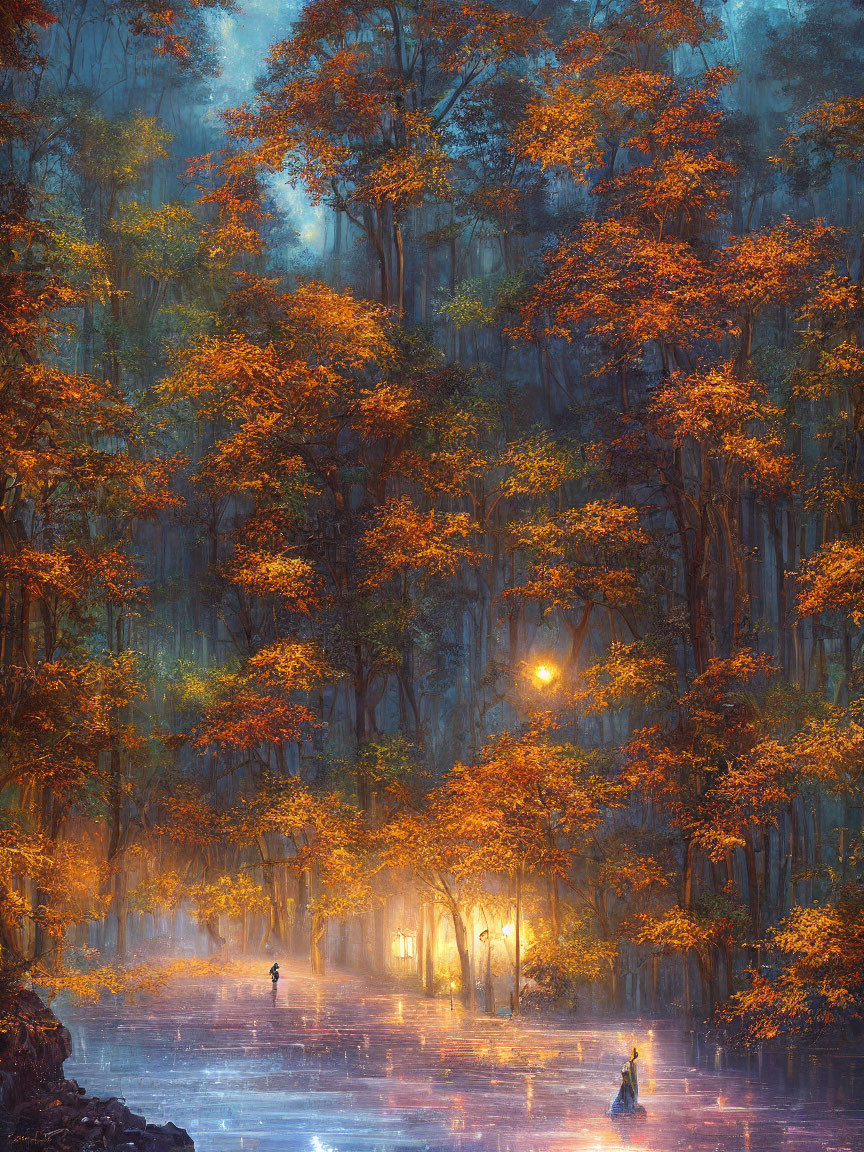 Ethereal forest with golden leaves and misty ambiance by reflective water surface