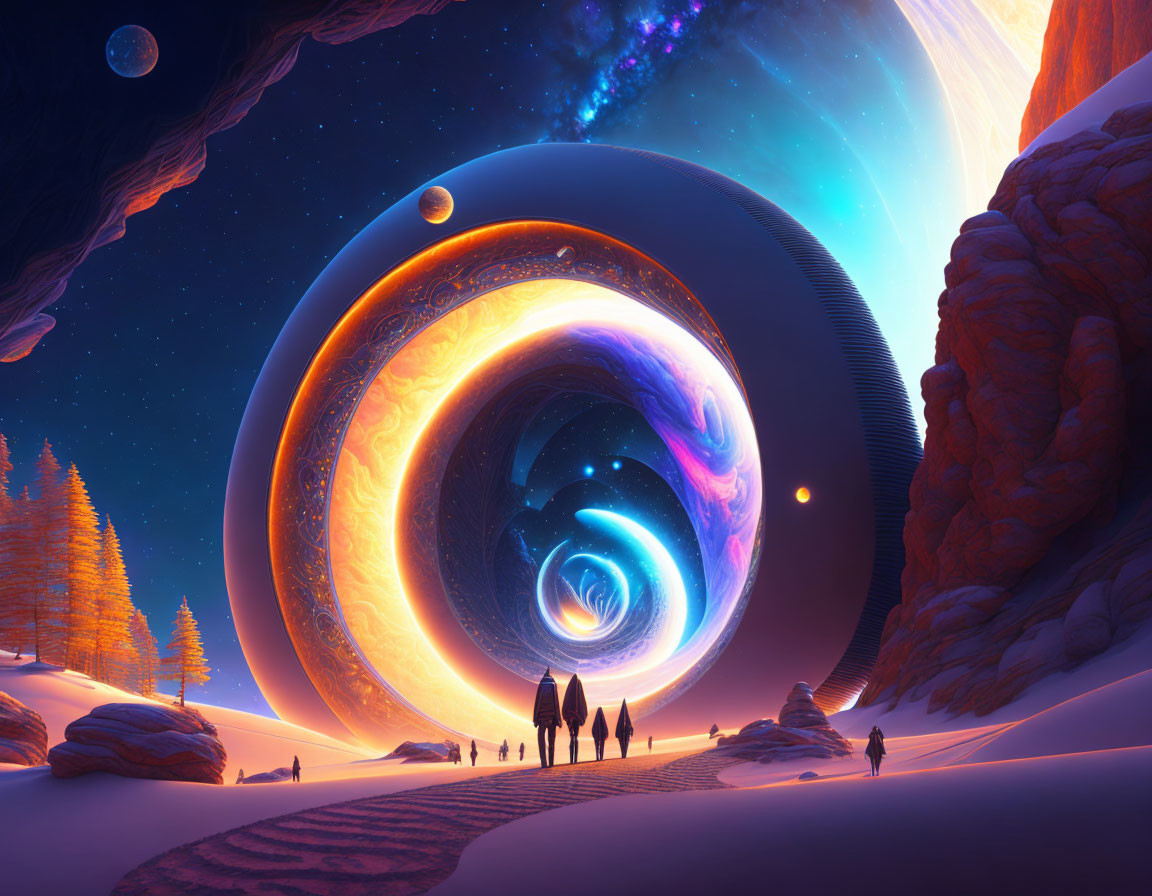 Vibrant surreal landscape with cosmic vortex and alien cliffs