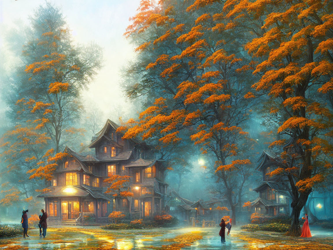 Golden Foliage and Victorian House in Rainy Autumn Scene