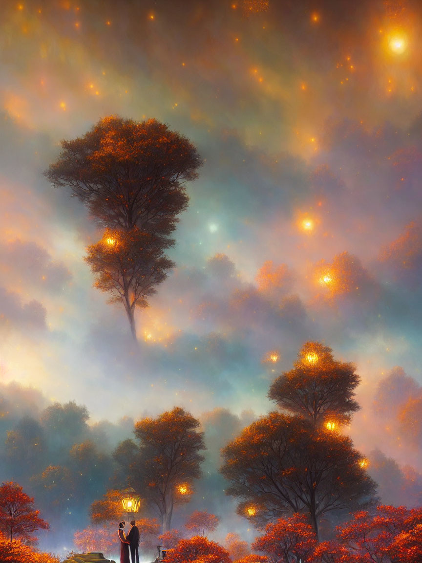 Person holding lantern gazes at floating trees in surreal twilight scene