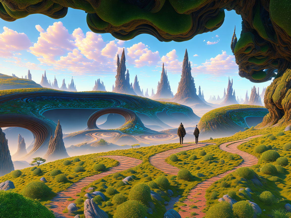 Surreal landscape with silhouetted figures on winding path