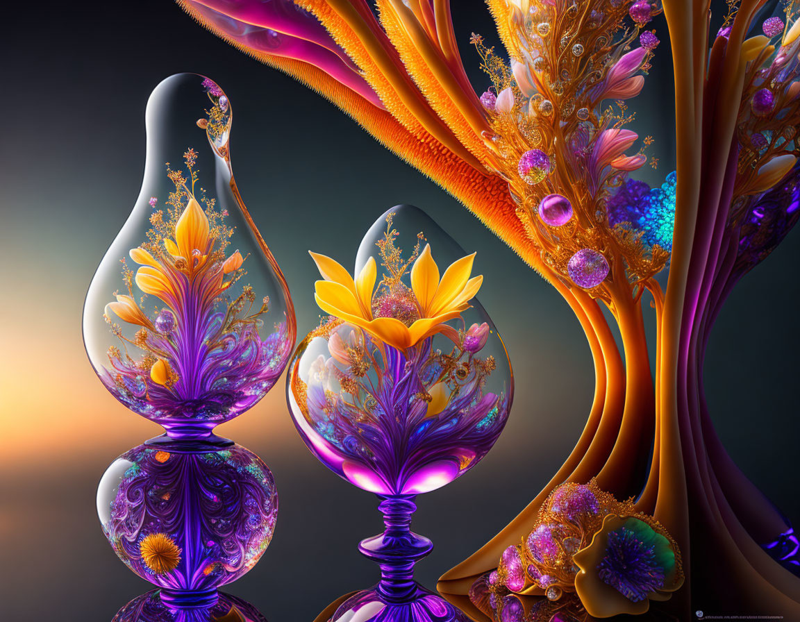 Colorful digital artwork: ornate glass vessels, floral and fractal designs on warm gradient.