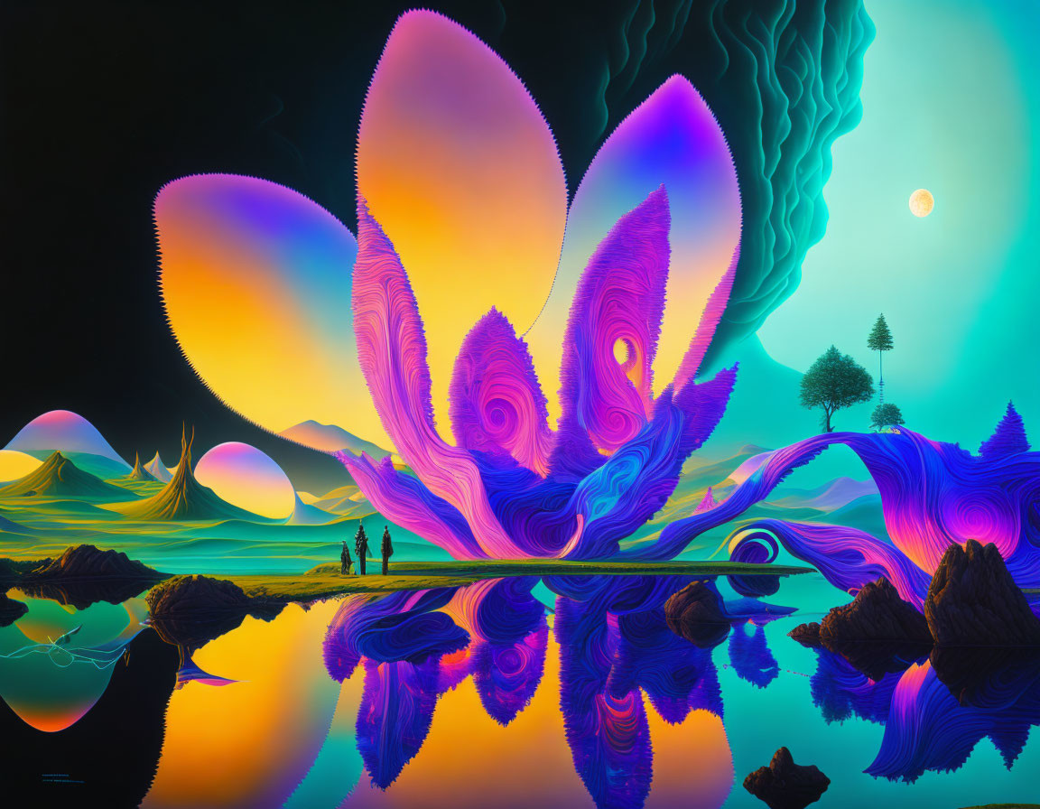 Colorful surreal tree landscape with butterfly wings reflection and figures