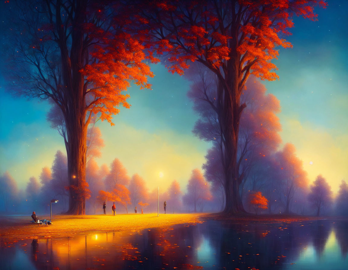 Tranquil autumn park scene with glowing streetlights