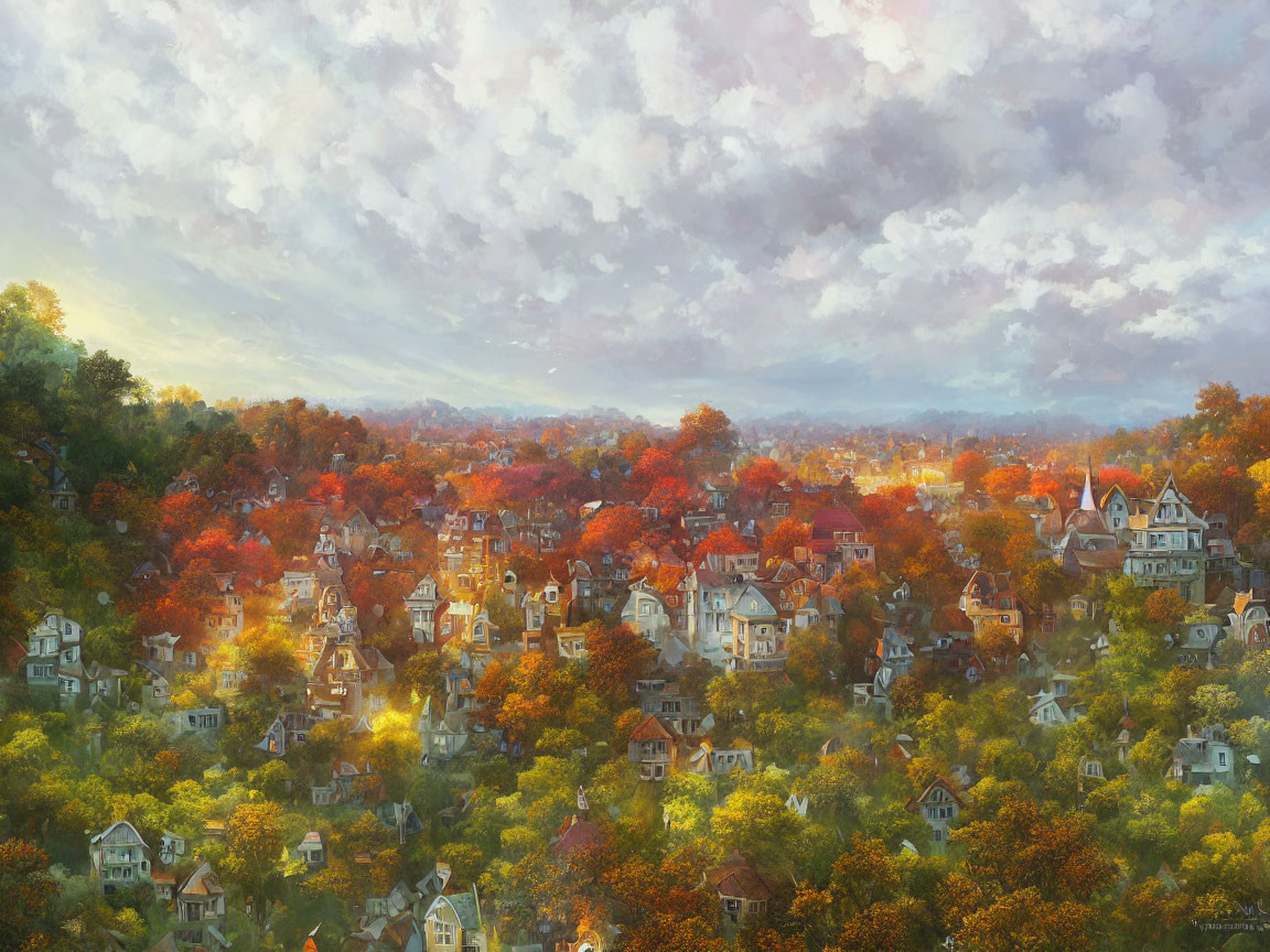 Vibrant autumnal landscape with quaint town and colorful foliage