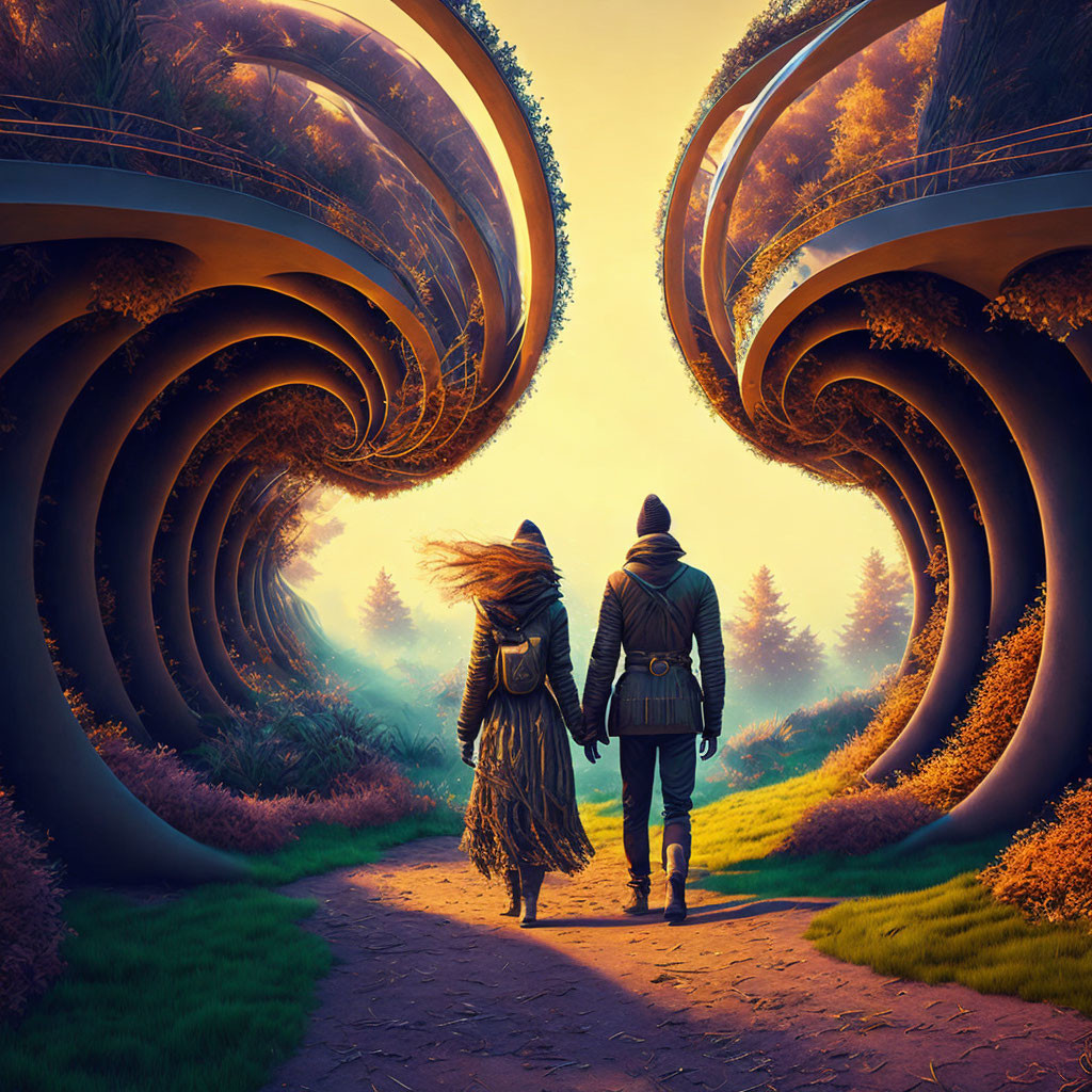 Two figures walking hand in hand towards spiral tree structures in a fantastical landscape.