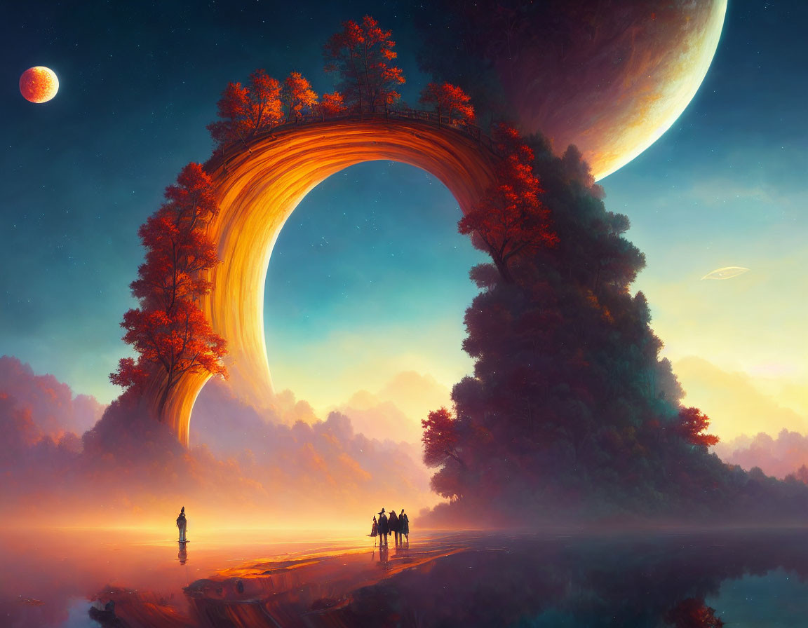 Fantastical landscape with natural arch, moon, and planets