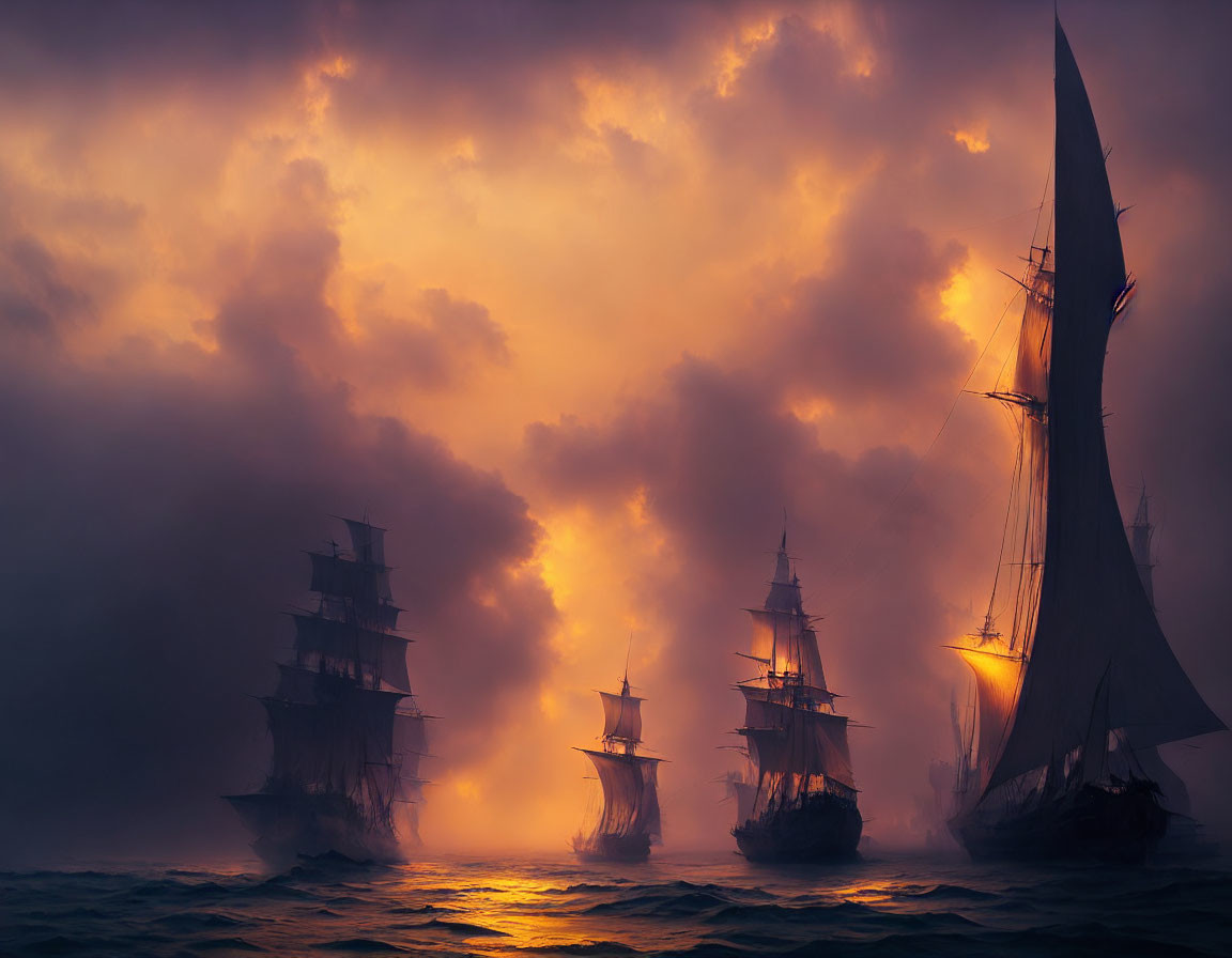 Tall ships sailing through misty waters at sunset or sunrise