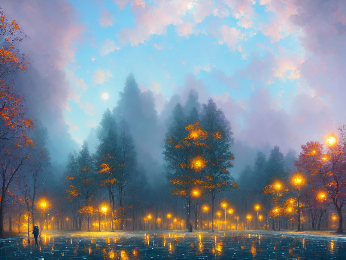 Tranquil twilight park with mist, glowing lamps, autumn trees, wet reflection, and a person