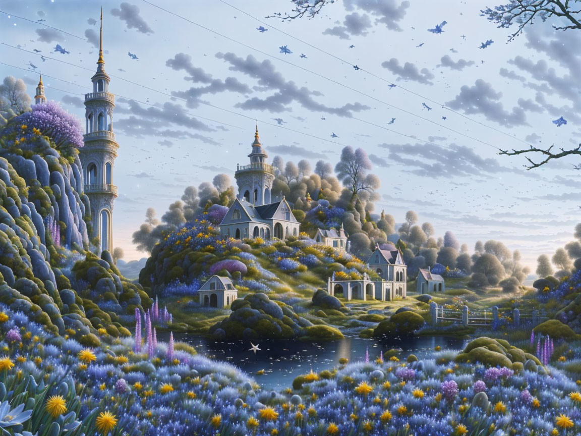 Twilight scene with fairy-tale castles, lush hills, and colorful flora