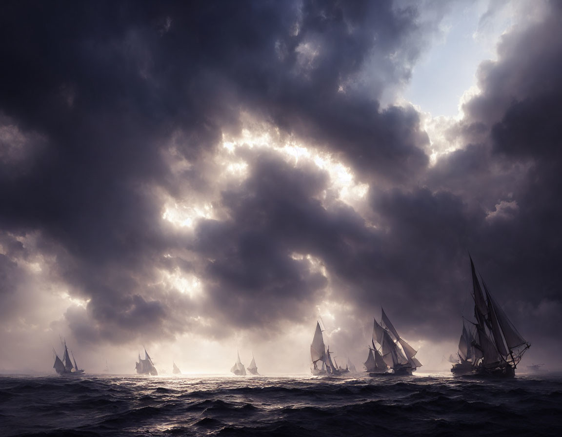 Sailboats racing on turbulent seas under dramatic sky