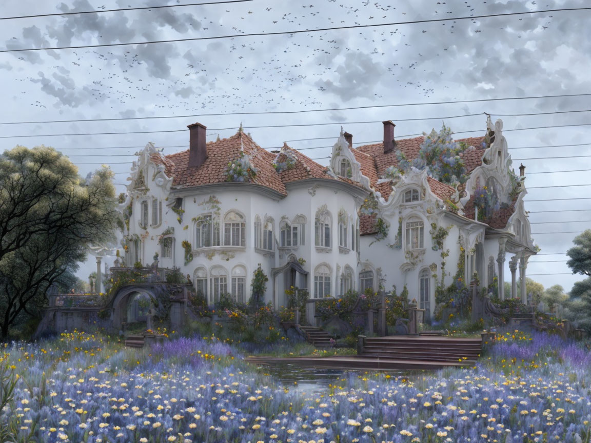 Luxurious white mansion in garden with blue flowers under cloudy sky