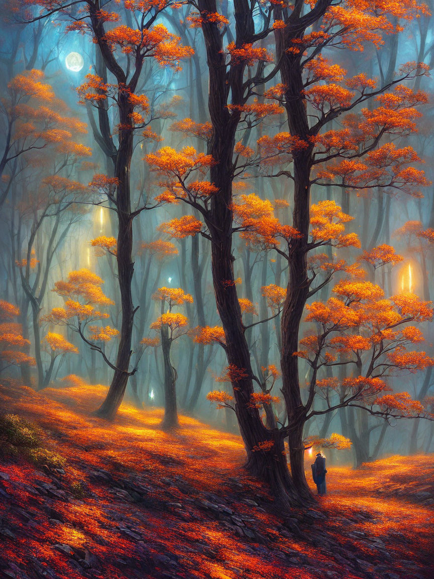 Person in mystical forest with orange trees, lanterns, and moonlit sky