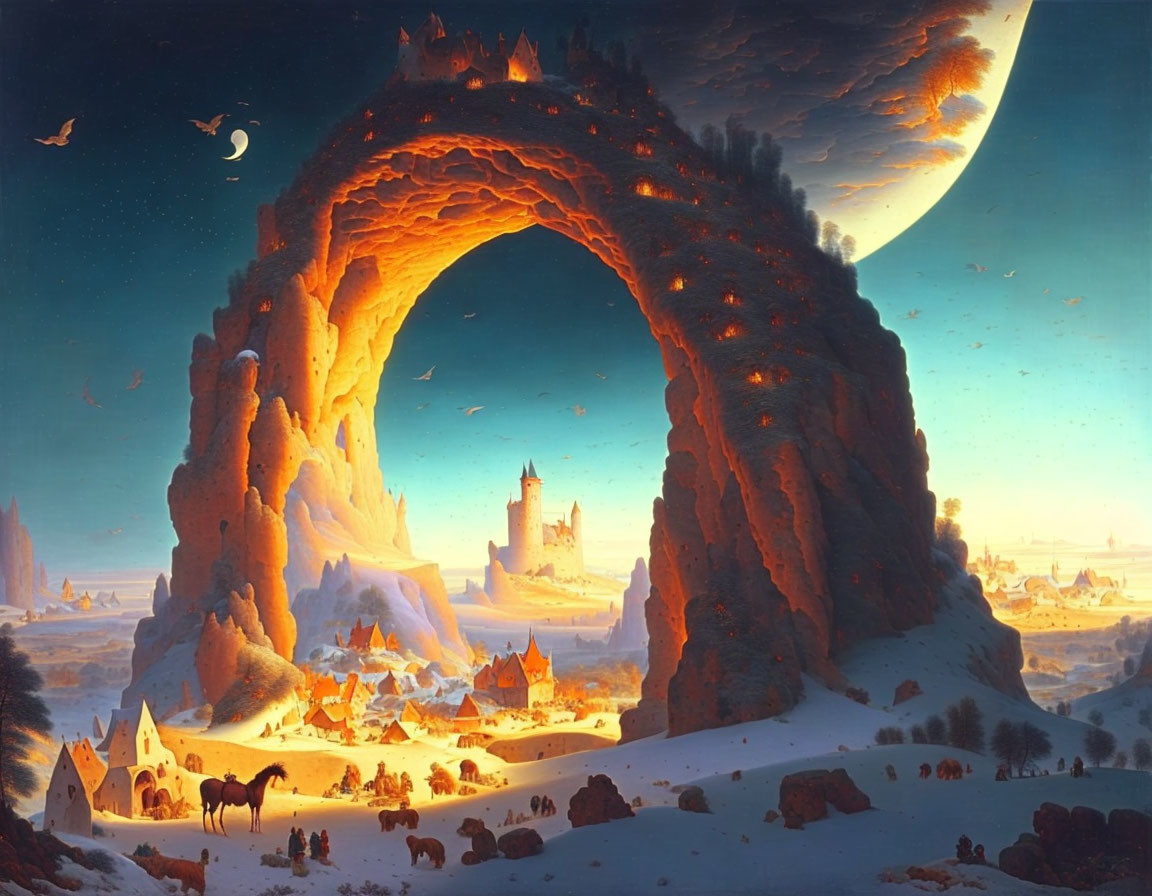 Fantastical landscape with rock arch, castle, village, horses, birds, and large moon.