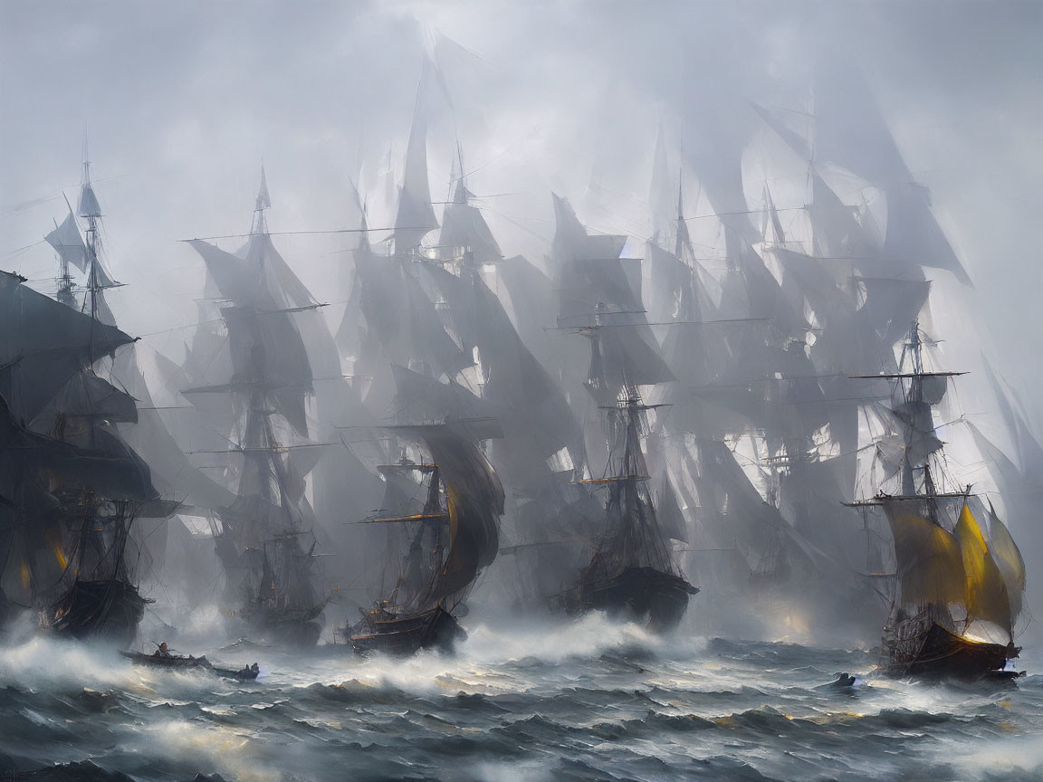 Tall ships sailing on turbulent sea with unfurled sails