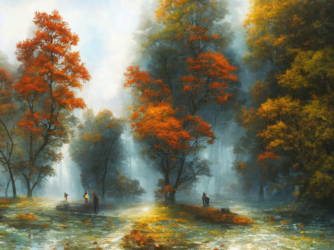 Tranquil autumn forest scene with sunrays, mist, orange leaves, and a river.