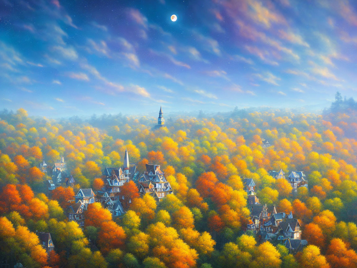 Autumn forest village scene under crescent moon