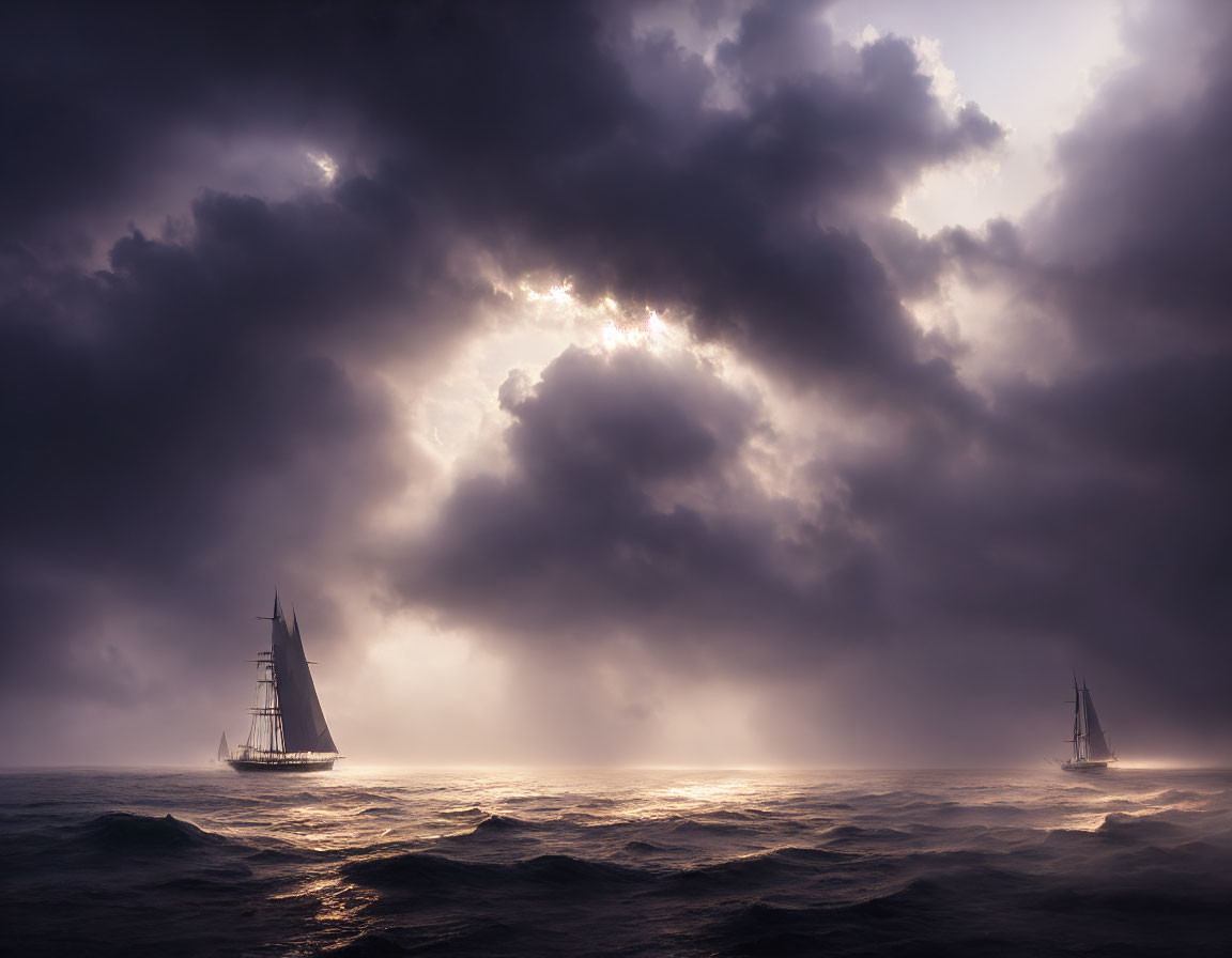 Sailboats in rough seas under dramatic sky