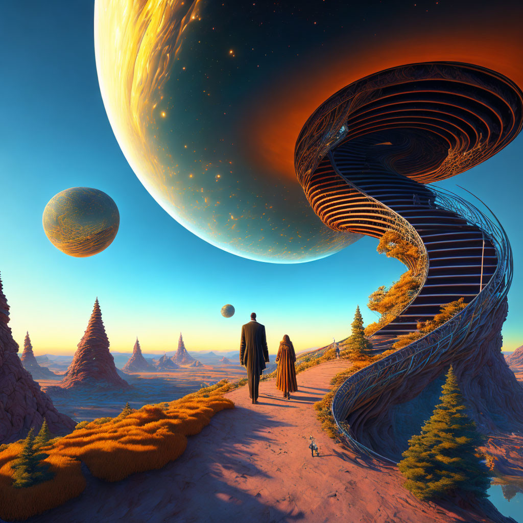 Couple, Dog, and Spiral Staircase in Surreal Landscape with Planets