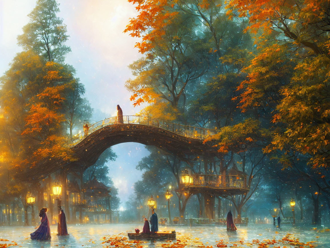 Vibrant fall foliage in park scene with people on curved bridge