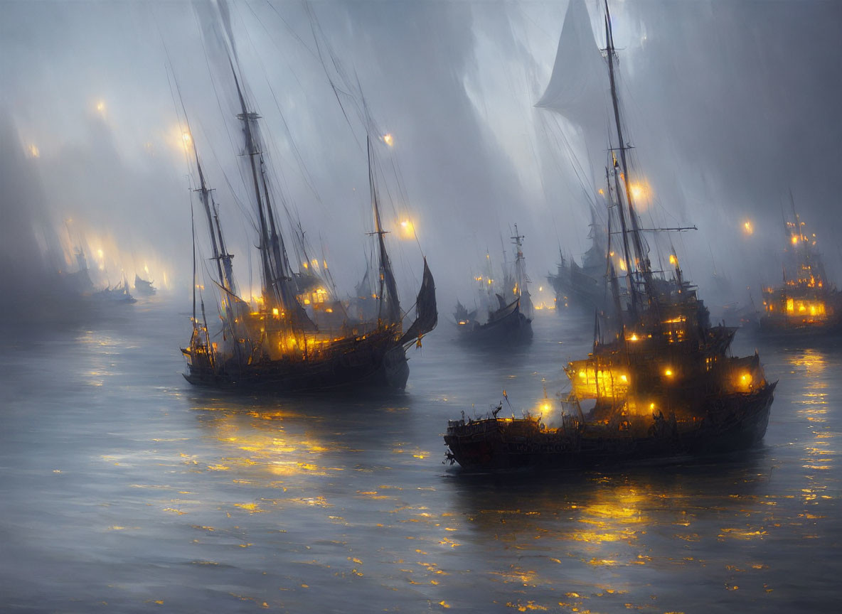 Historic sailing ships illuminated in foggy sea at night.