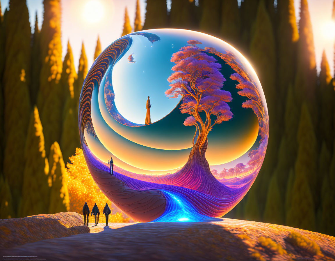 Surreal image of three people near reflective sphere in forest