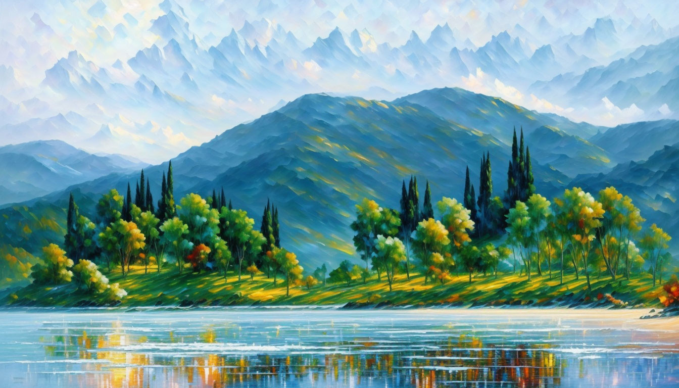 Tranquil lake painting with verdant hills and cloudy sky