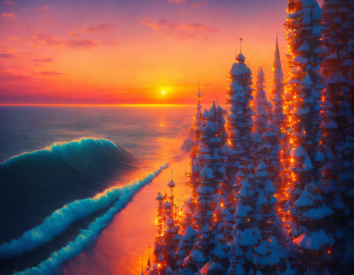 Surreal snow-capped pagodas by luminous sea under vibrant sunset