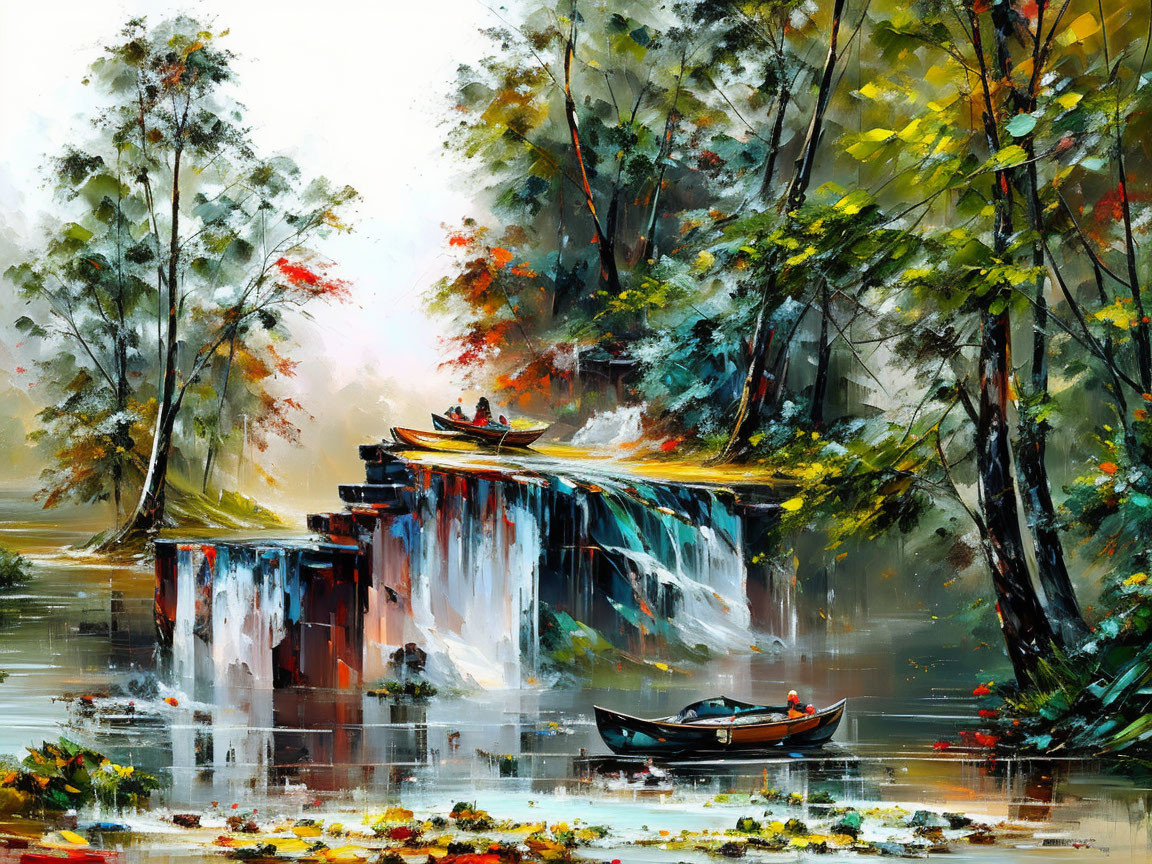 Serene autumn waterfall scene with couple and boat