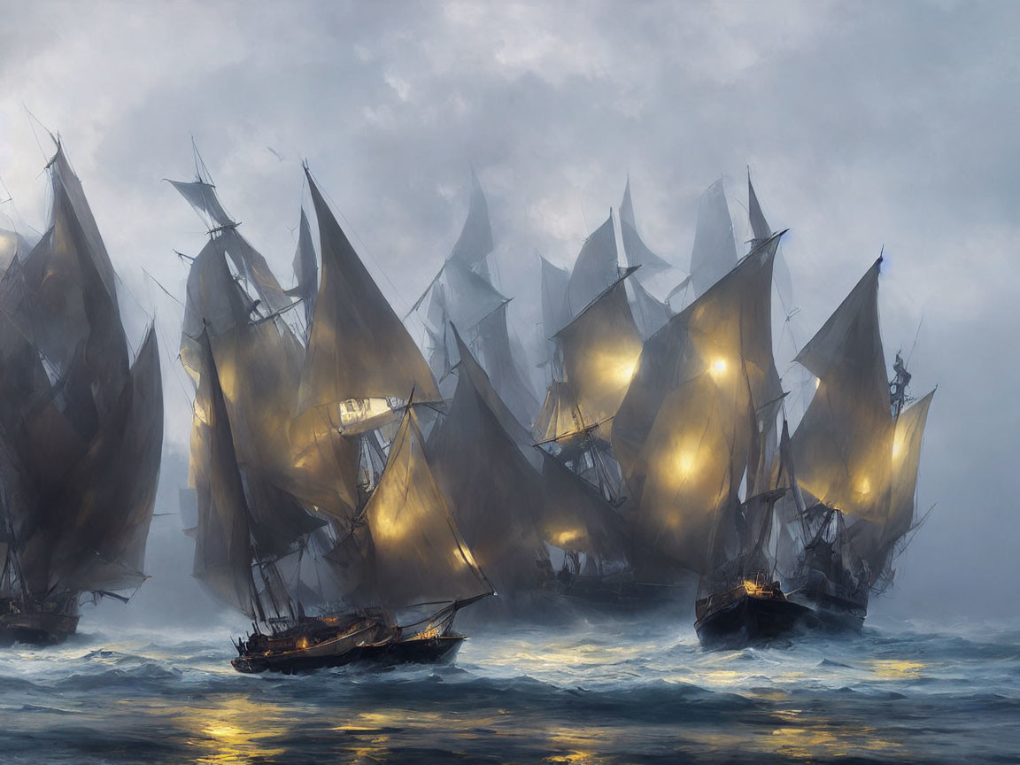 Tall ships with illuminated sails in misty seas at dusk