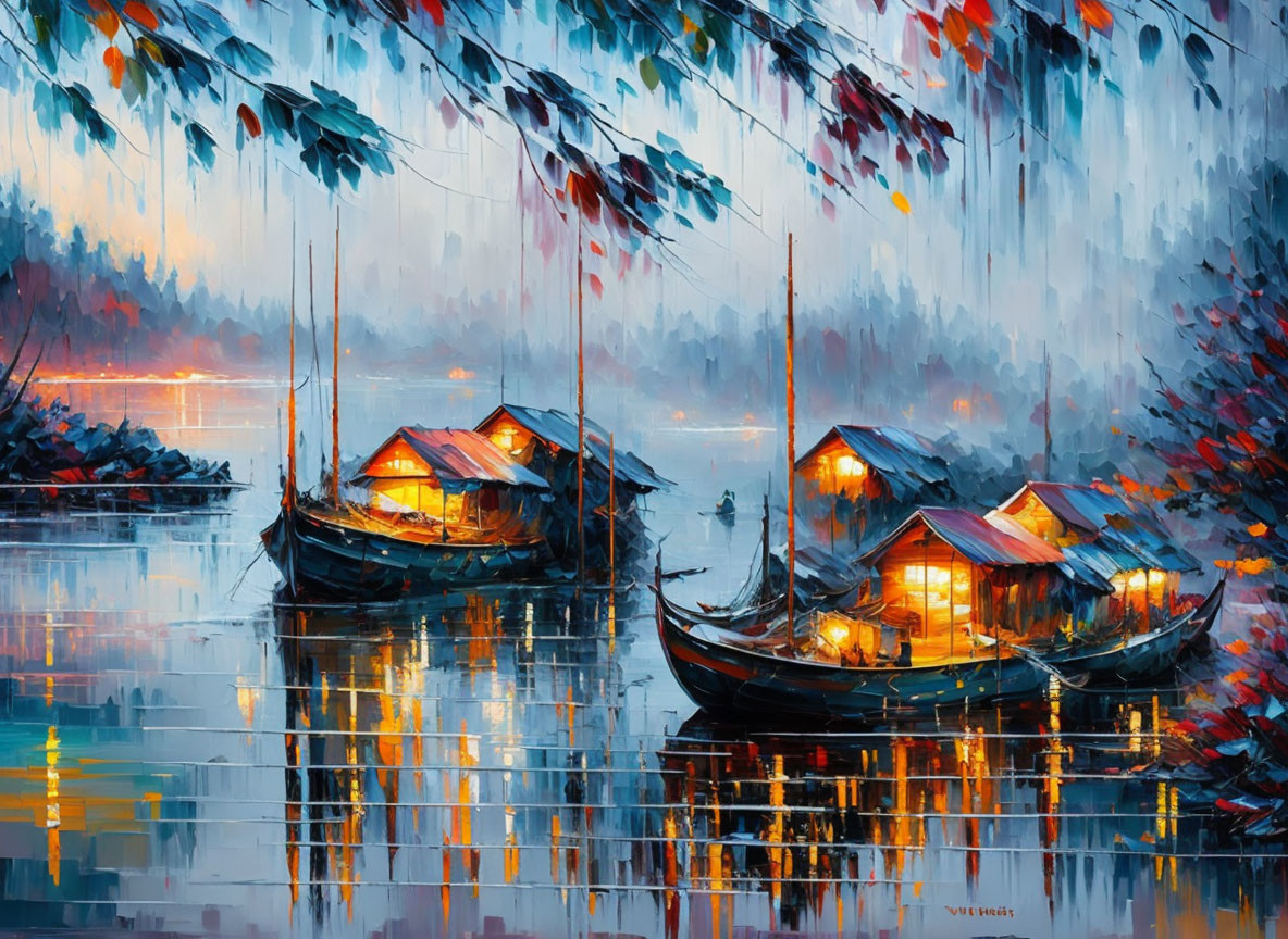 Serene lakeside scene with colorful houseboats at twilight