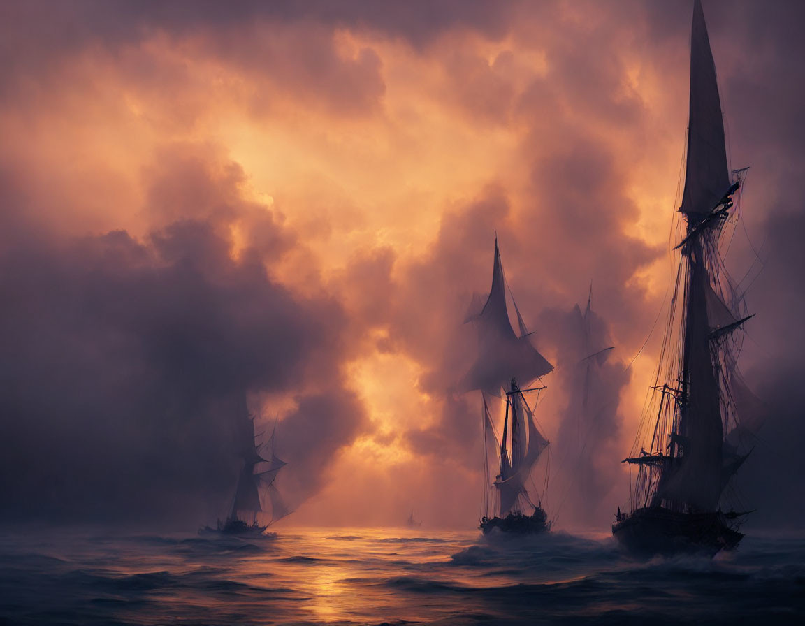 Sailing Ships on Rough Seas with Dramatic Sky