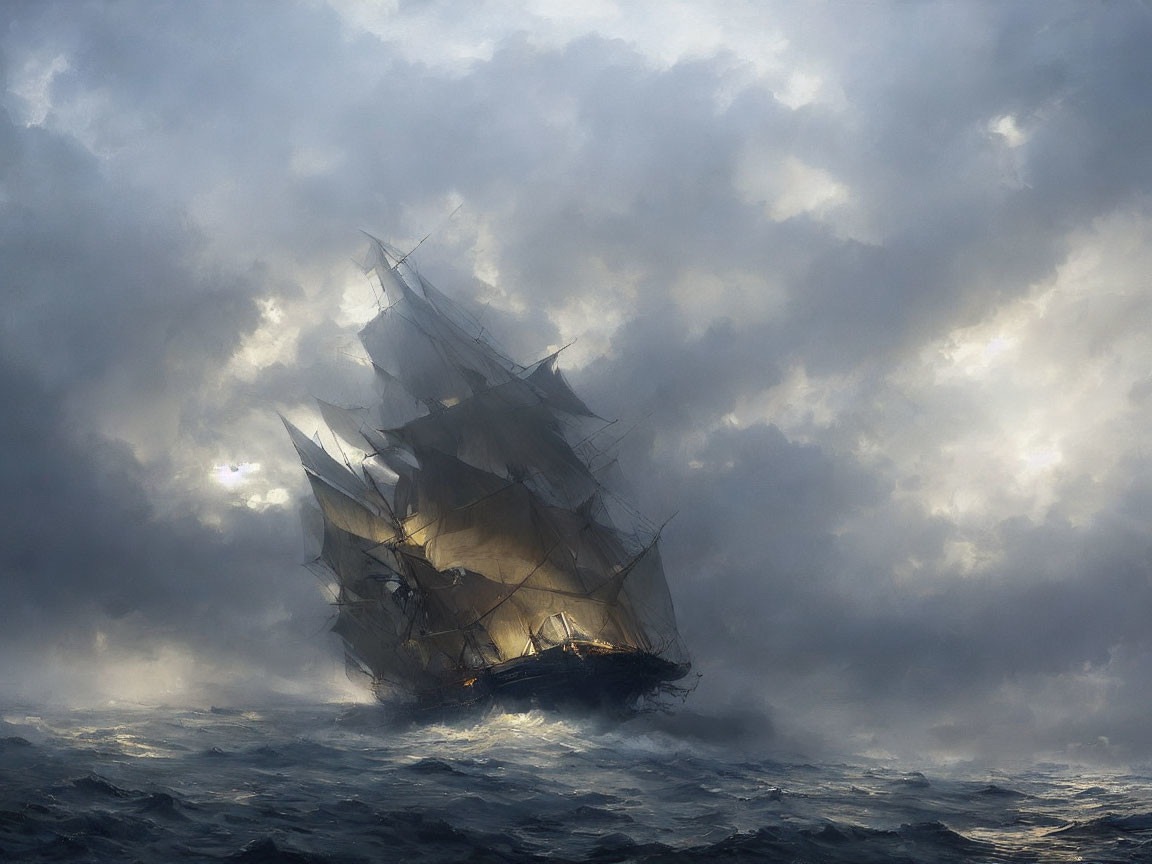 Old ship with full sails braves stormy seas under dramatic sky