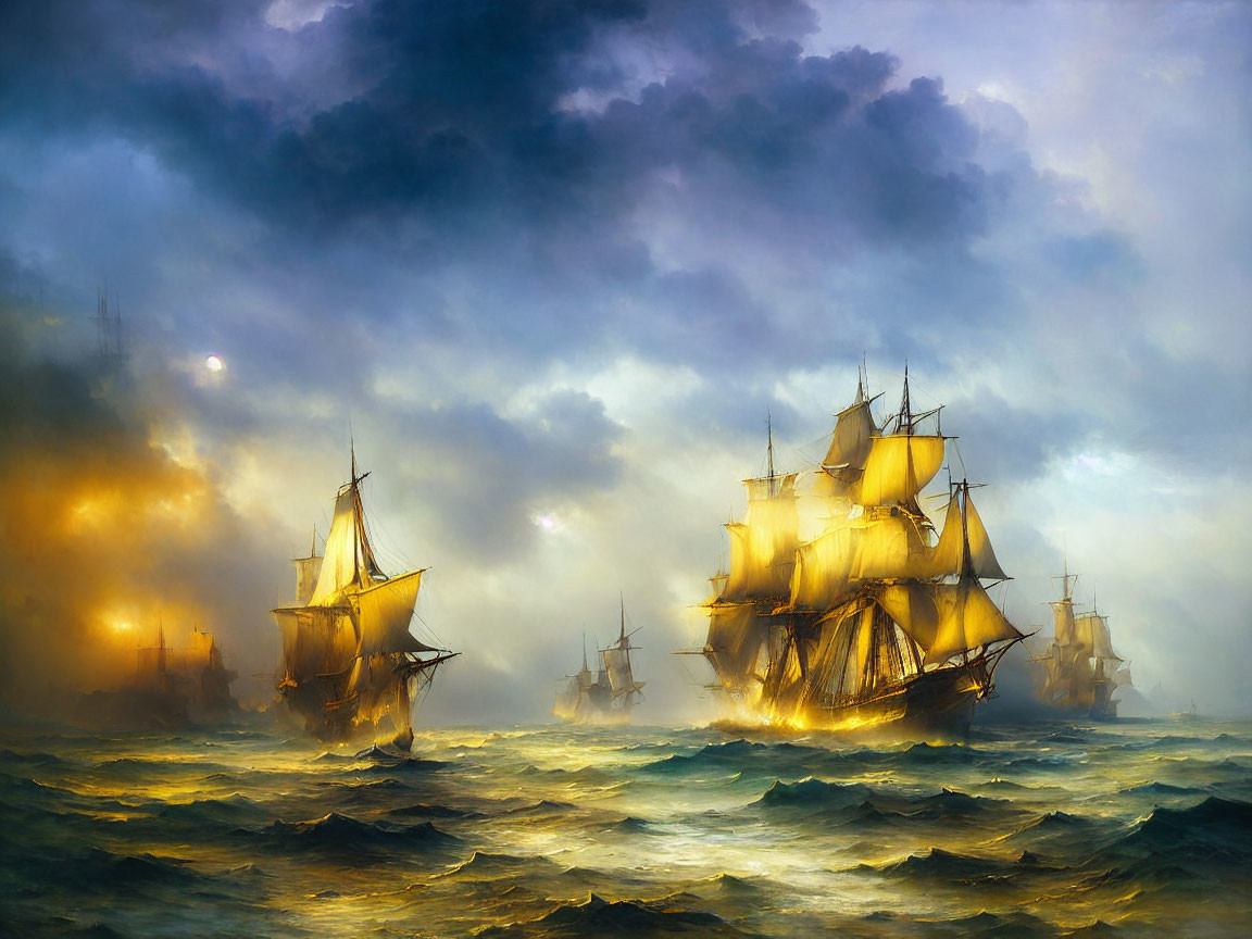 Tall ships sailing on turbulent seas under a moody sky