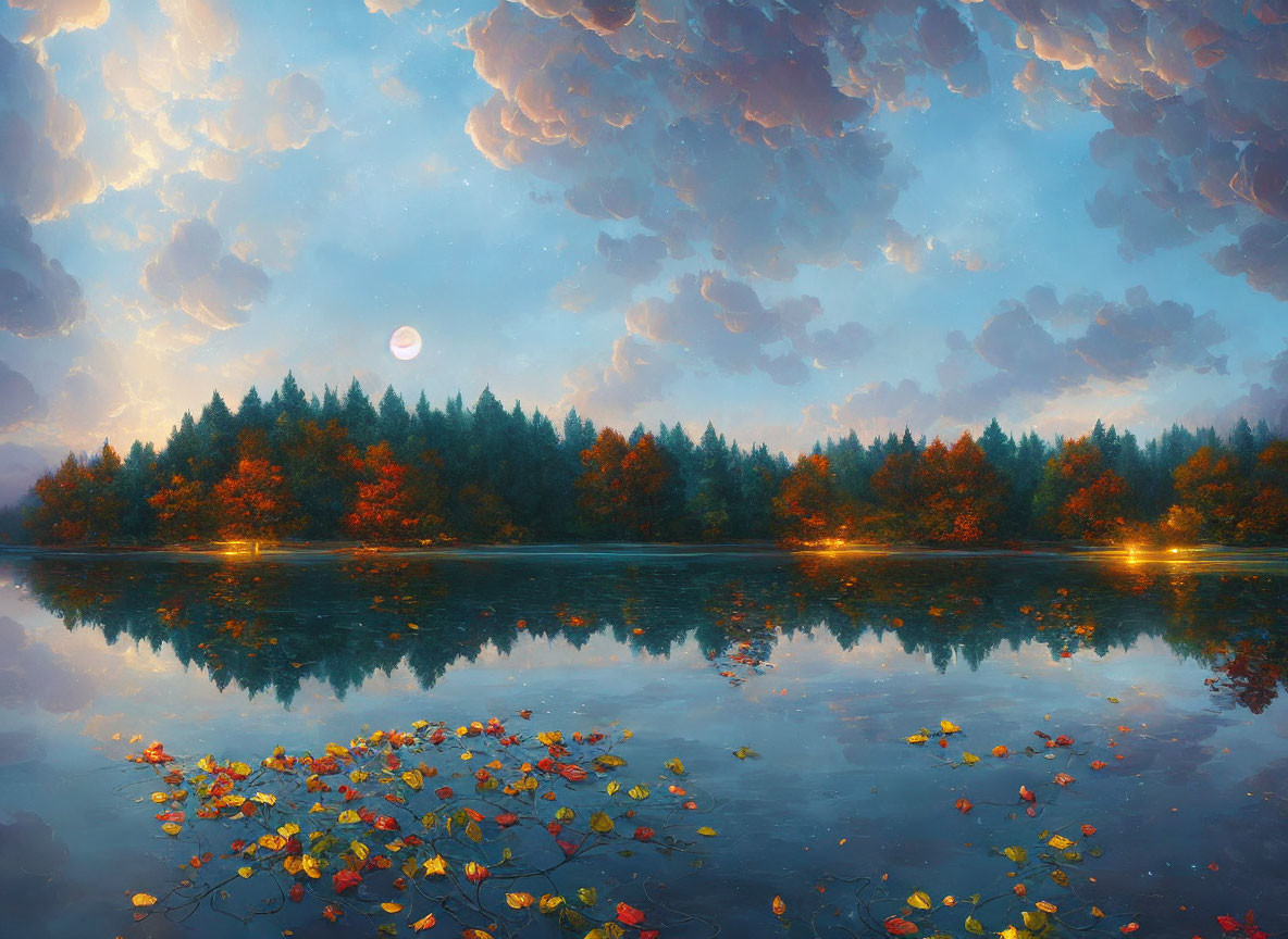 Tranquil lake mirroring autumn forest under dramatic sky