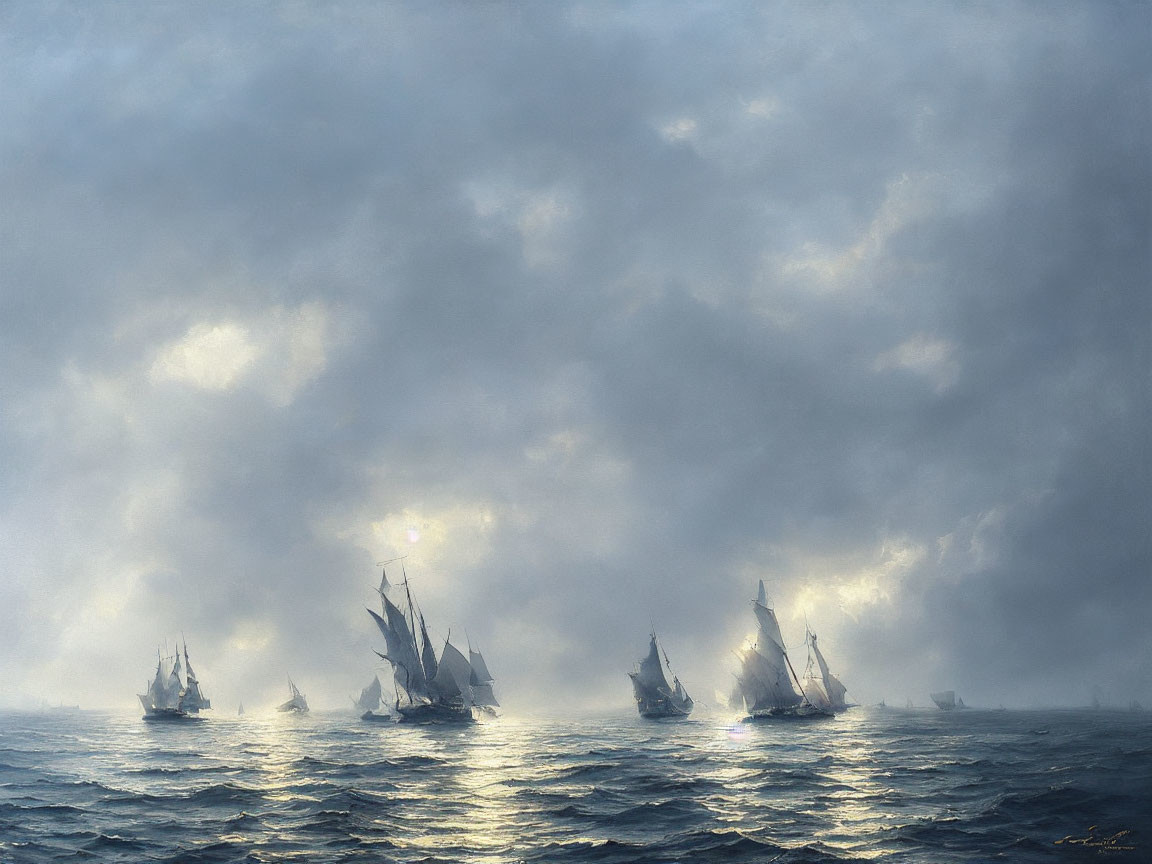 Tall ships sailing on misty blue-gray seas under soft glow sky