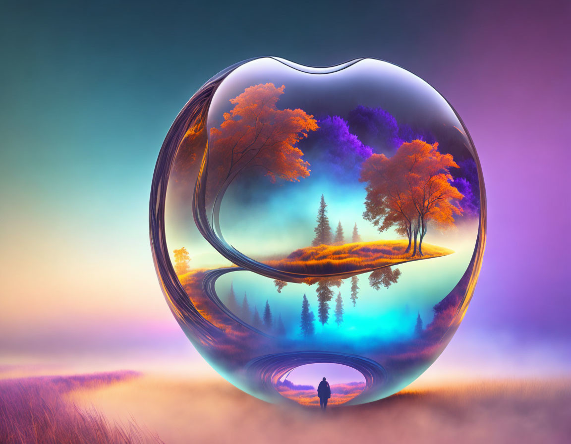 Surreal landscape in apple-shaped glass terrarium with vibrant trees and lone figure